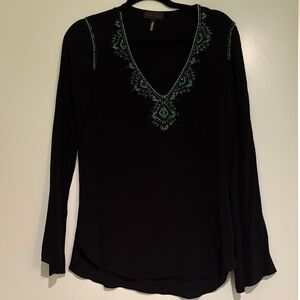 Hale Bob Black Blouse with Teal and Green beaded Embroidery